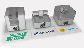 Drei graue stilisierte Maschinen stehen je auf einem Feld mit dem Logo der Ethernet-Protokolle Profinet, Ethernet/IP und Modbus TCP